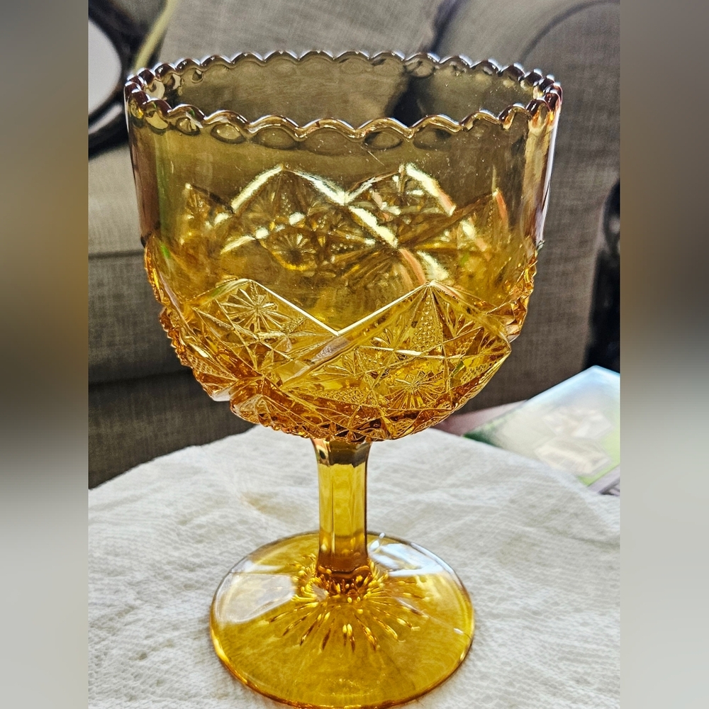 Vintage 8" Indiana Glass Amber Color MCM Chalice or Compote Goblet
